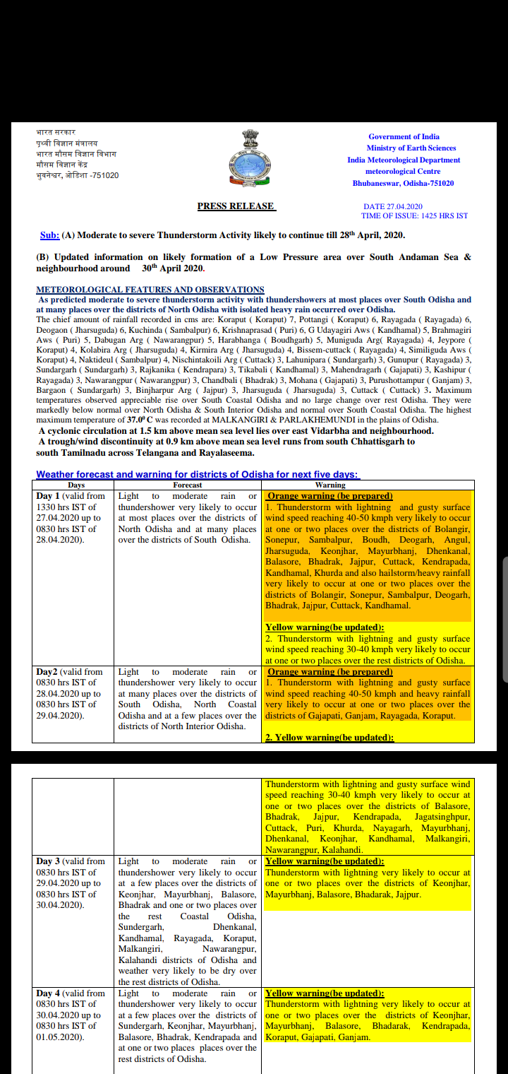 heavy rain in Odisha from April 30 due to low depression