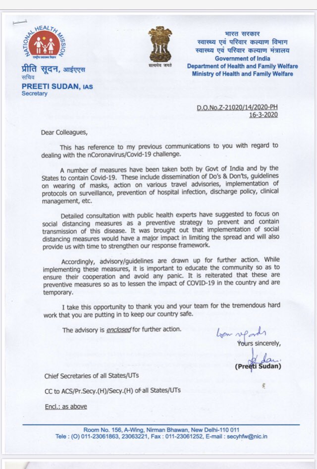 Corona caution; Letter from Union Health Secretary to Chief Secretary