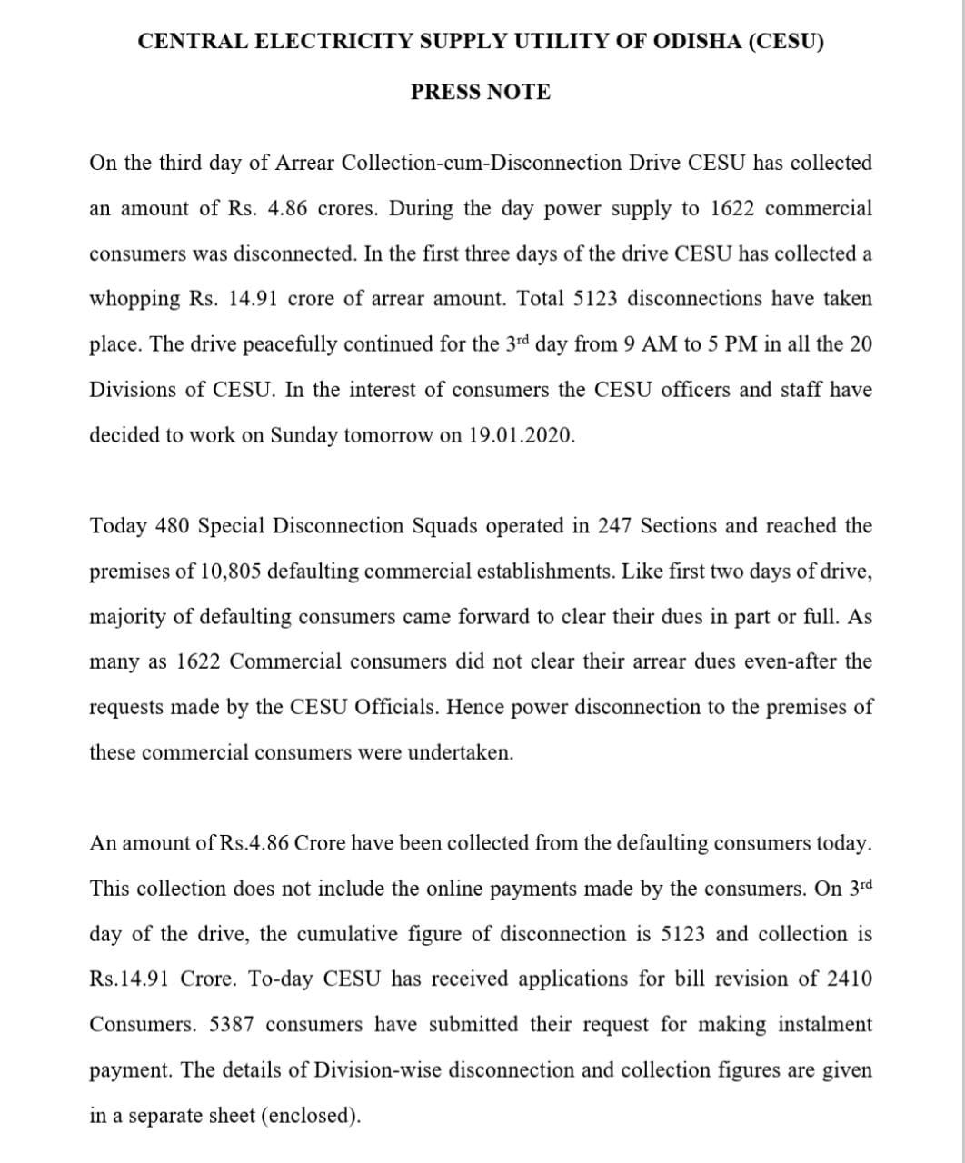 3rd day of cesu's electric disconnection, electric disconnection, 1 thousand 622 costumers, ତୃତୀୟ ଦିନରେ ସେସୁର ବିଦ୍ୟୁତ କାଟ, 4 କୋଟି 86 ଲକ୍ଷ ଆଦାୟ, ସେସୁ ପକ୍ଷରୁ ବିଦ୍ୟୁତ କାଟ ଜାରି, Central Electricity Supply Utility of Odisha