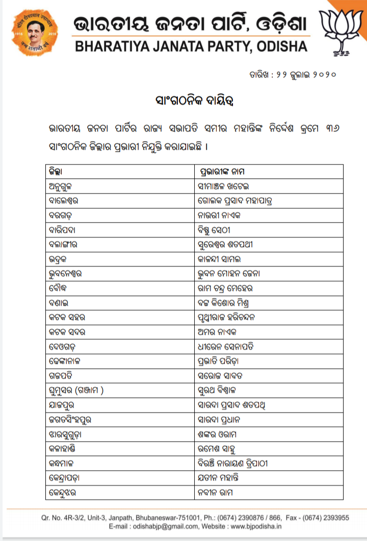 35 ସାଙ୍ଗଠନିକ ଜିଲ୍ଲା ପାଇଁ ପ୍ରଭାରୀ ନିଯୁକ୍ତ କଲା ବିଜେପି