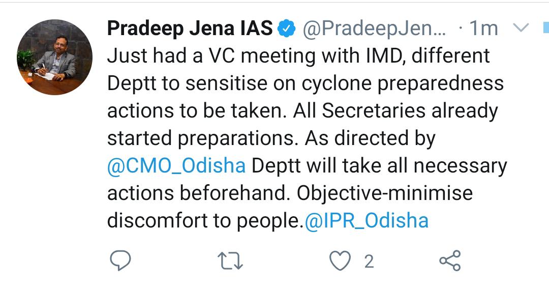 Odisha special relief commissioner, Pradeep Jena's tweet