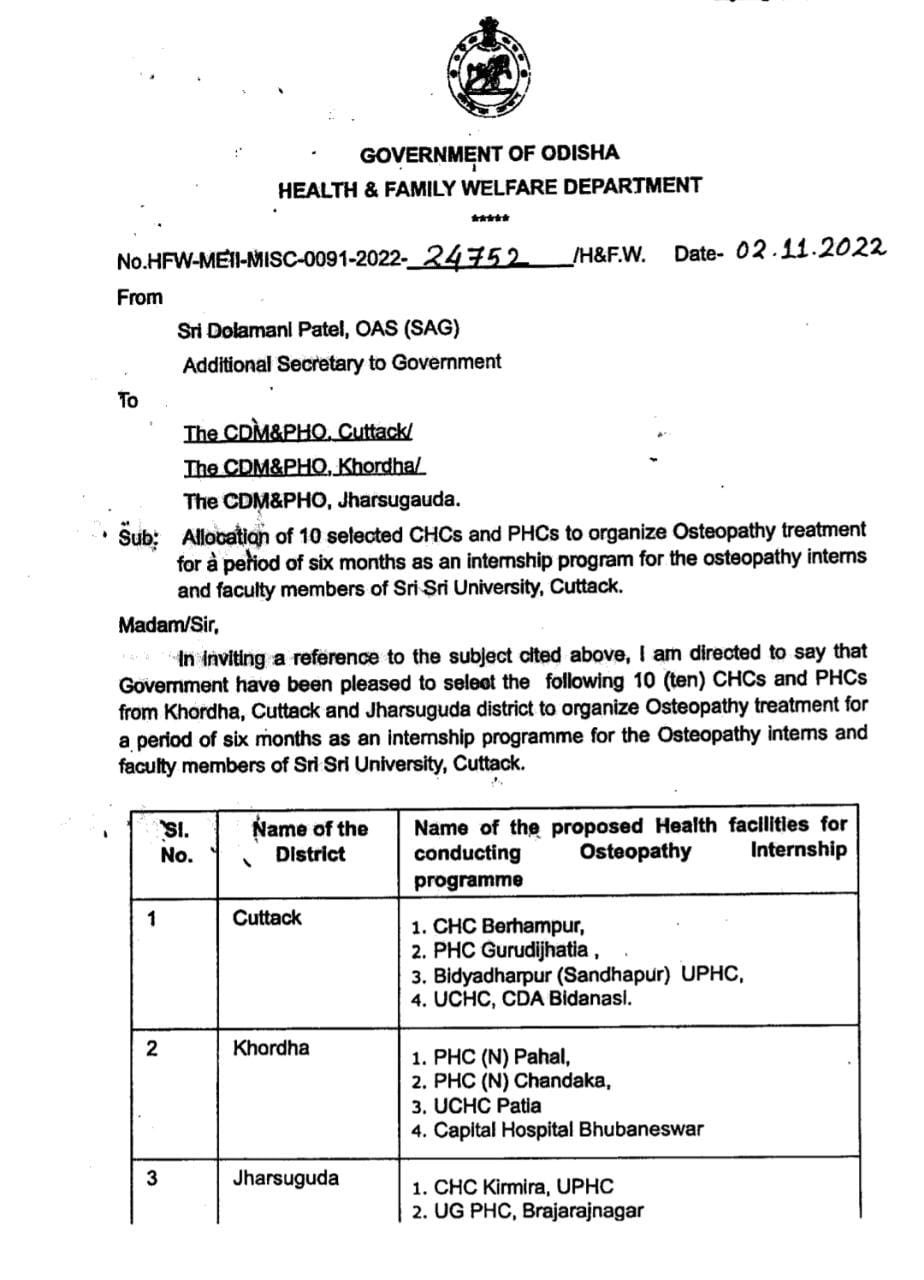 10 ଟି ସ୍ୱାସ୍ଥ୍ୟ କେନ୍ଦ୍ରରେ 6 ମାସ ପାଇଁ ମିଳିବ ଅଷ୍ଟିଓପାଥି ଚିକିତ୍ସା