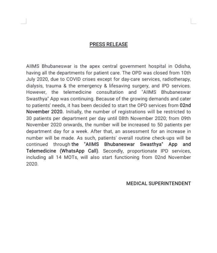 ନଭେମ୍ବର 2ରୁ ଏମ୍ସ ଓପିଡ଼ିରେ ପୁନଃସେବା ଆରମ୍ଭ