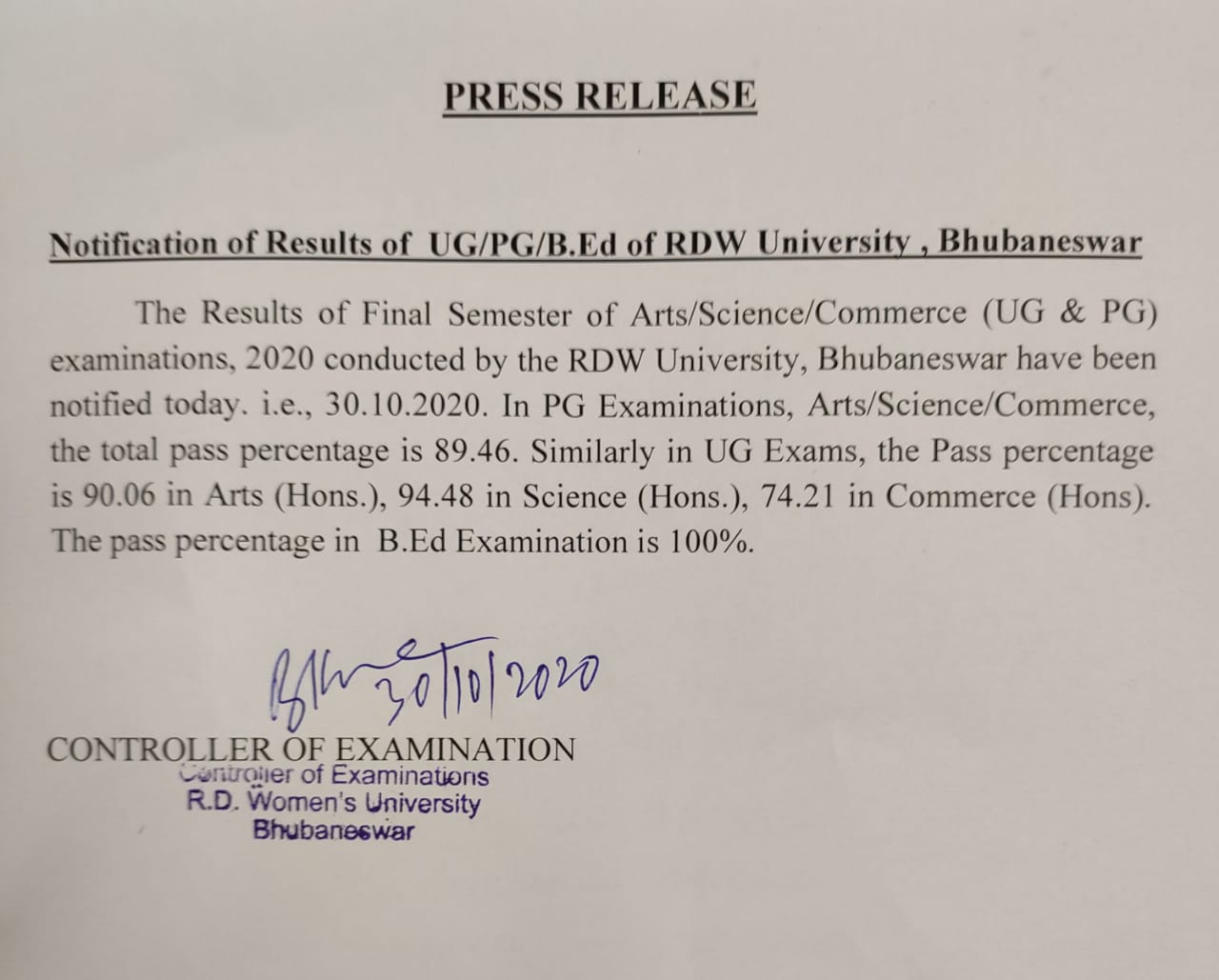 ରମାଦେବୀ ବିଶ୍ୱବିଦ୍ୟାଳୟର UG, PG ଓ B.Ed ପରୀକ୍ଷା ଫଳ ପ୍ରକାଶ