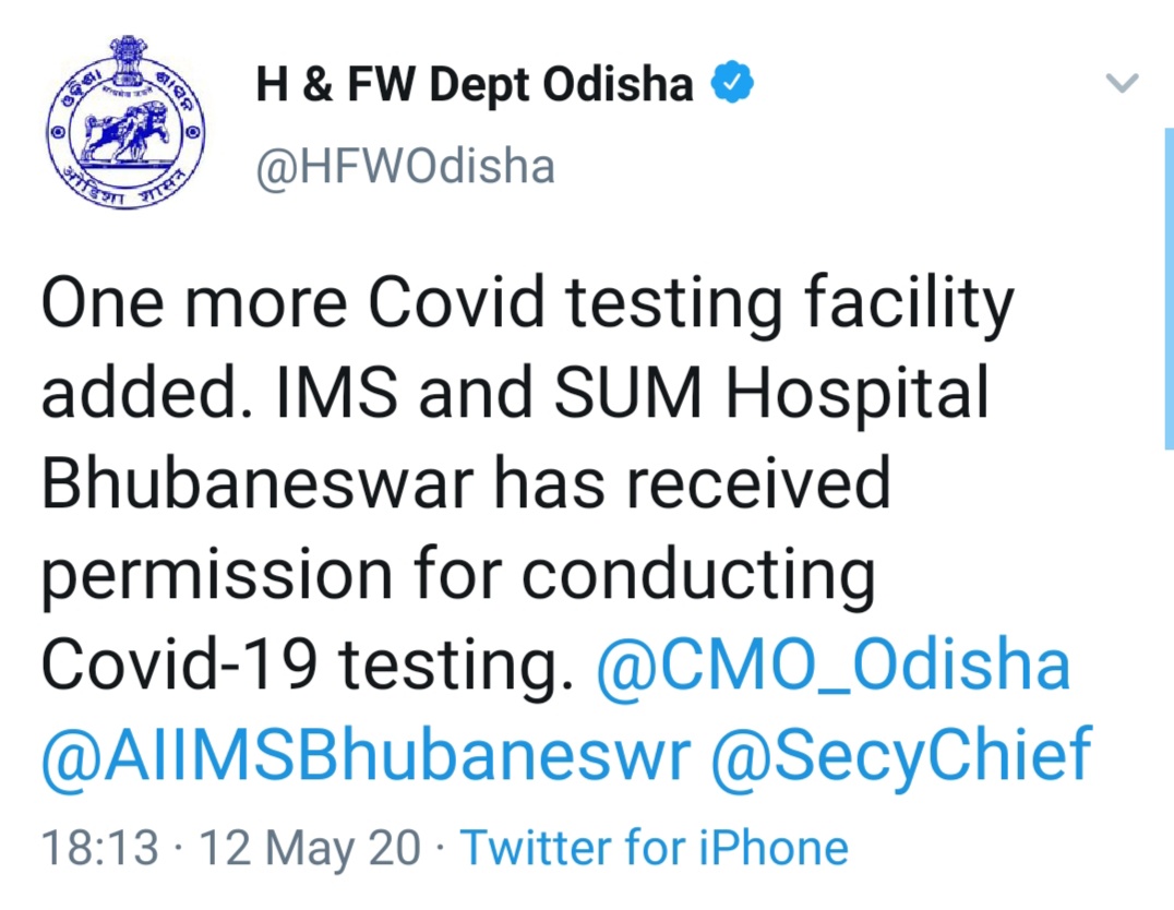 SUM hospital has received permission for conducting covid 19 testing