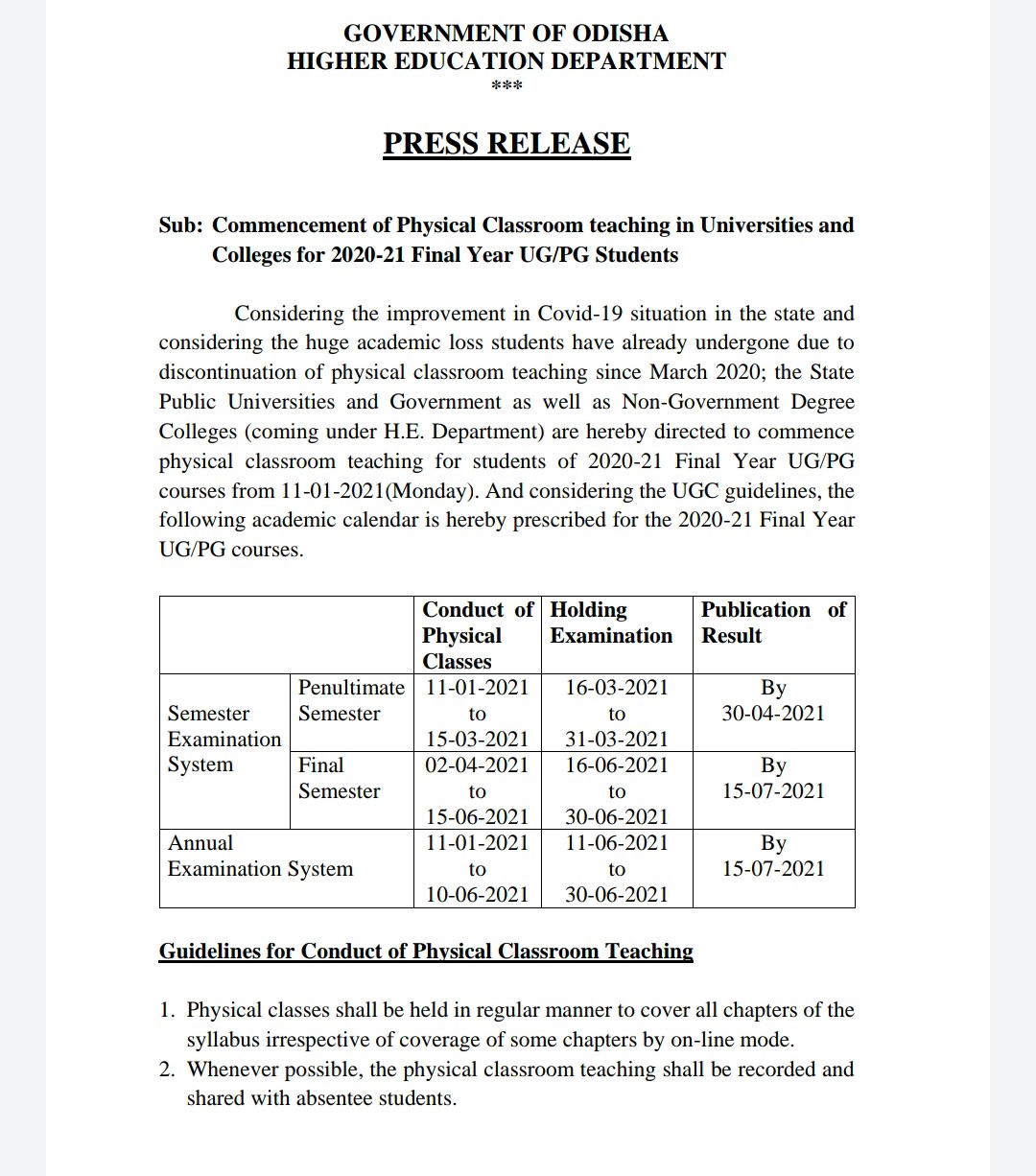 Universities and colleges will be open from 11 , guidelines issued