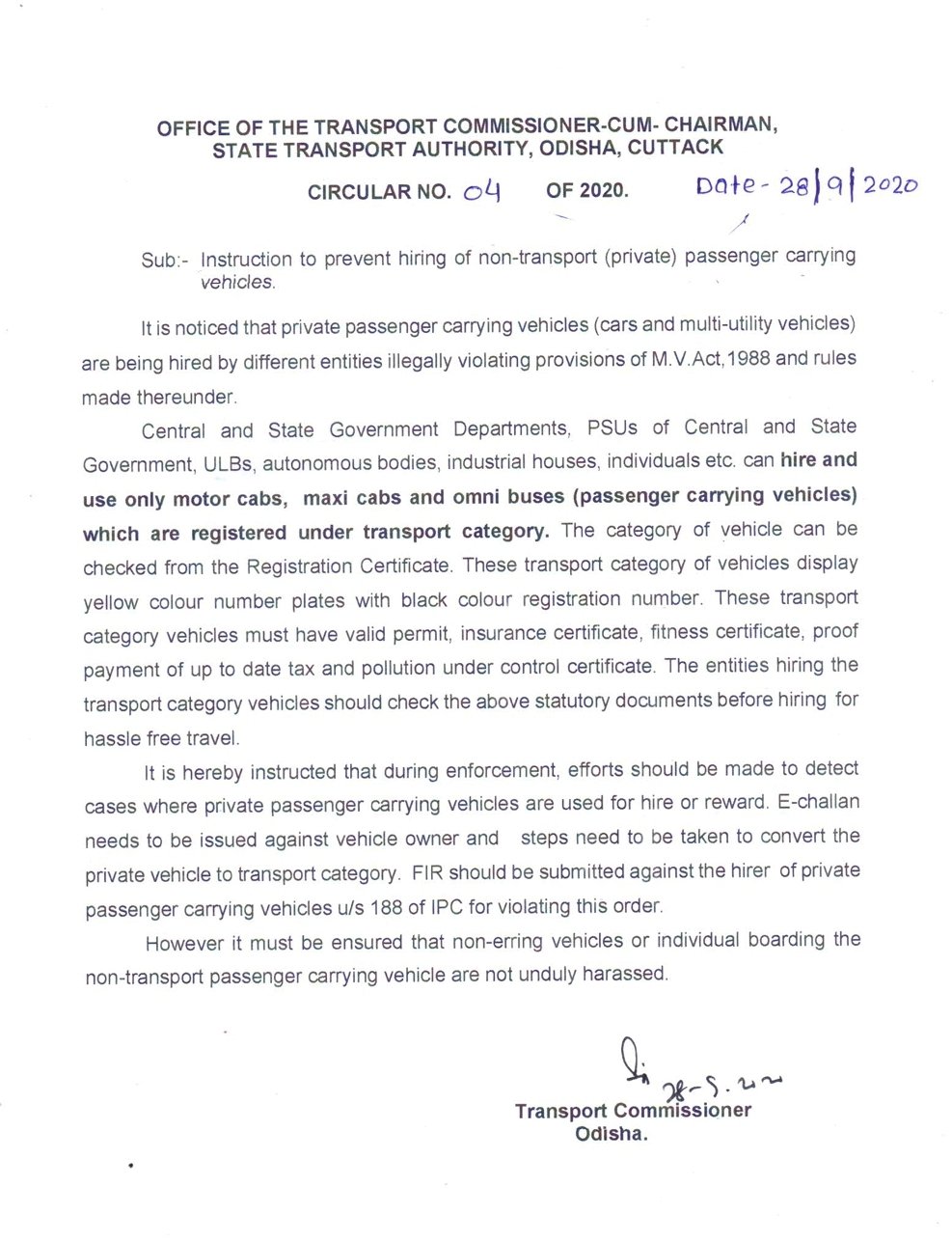 transport commissioner sent circular to prevent non-transport passenger carrying vehicles