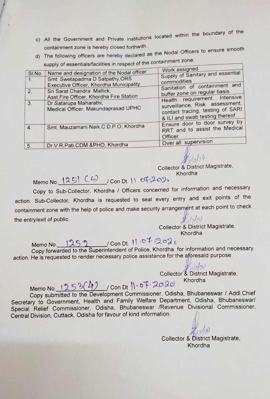 Khordha jemadei area announced as containment zone