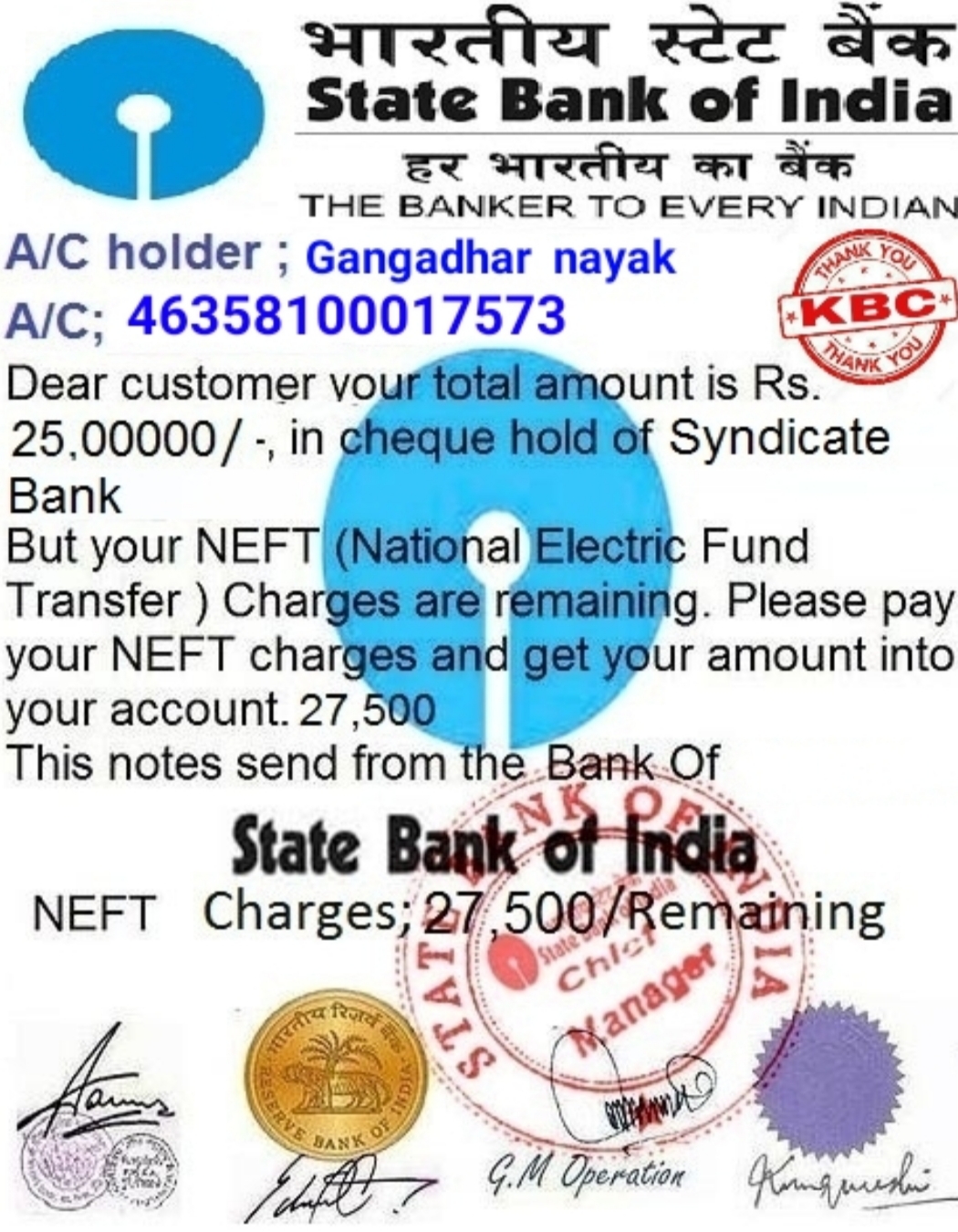 in the name of KBC Fraud taken one lakh and one thousand rupees