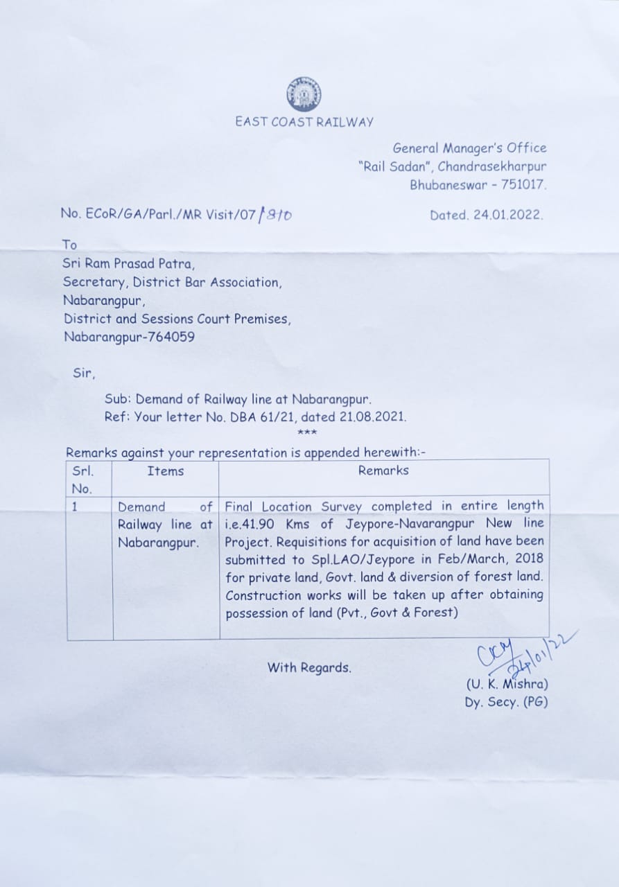 Railway line at nabarangpur: East coast railway deputy secretary wrote to secretary district bar association