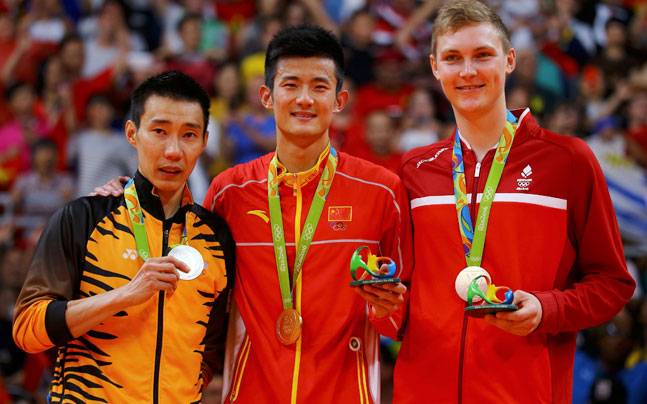 Lee Chong Wei (L), Lin Dan (M) and Viktor Axelsen (R) after winning Olympic medals at Rio 2016.