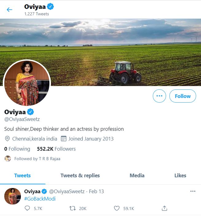 Actress Oviya's tweet