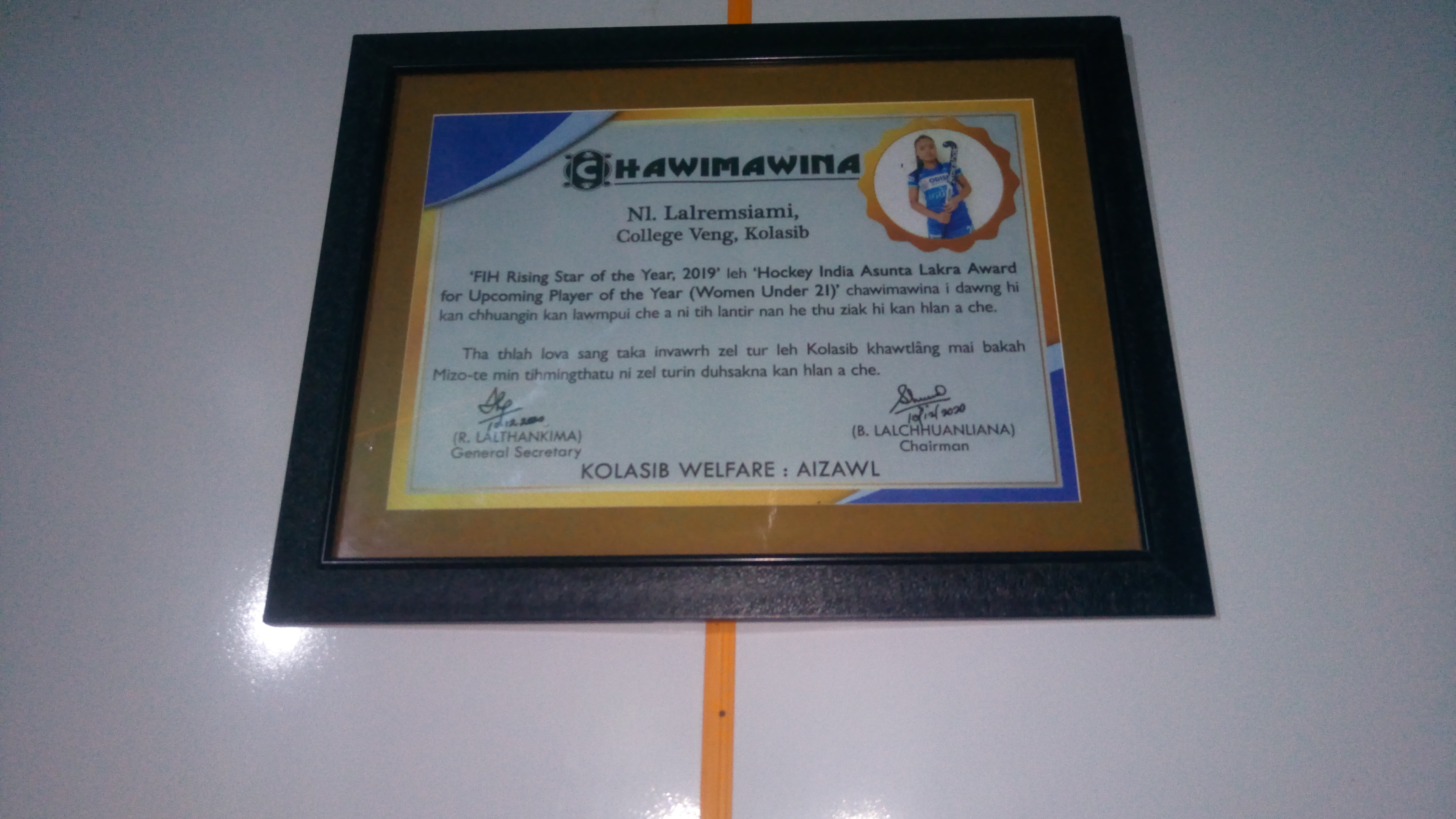 Certificate awarded to Lalremsiami Hmar