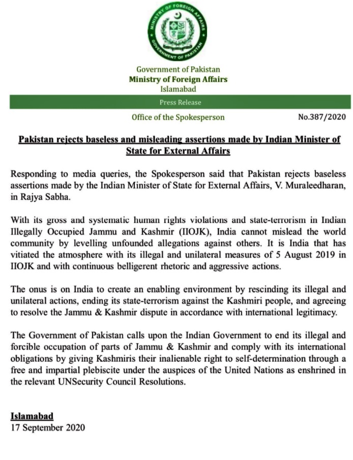 Pakistan rejects baseless and misleading assertions made by indian minister of state for external affairs