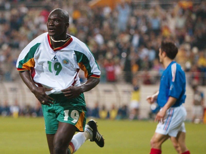 Papa Bouba Diop celebrates after scoring the historic goal against France in 2002 FIFA World Cup.