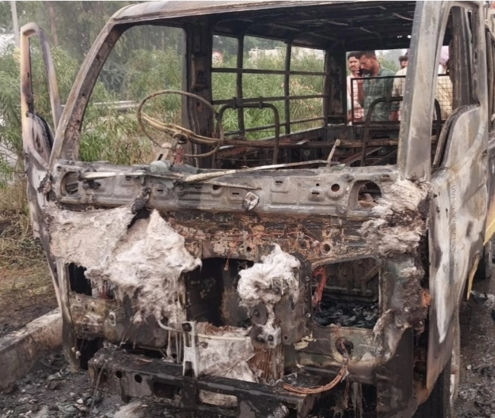 A school van caught fire on the road at Barnala