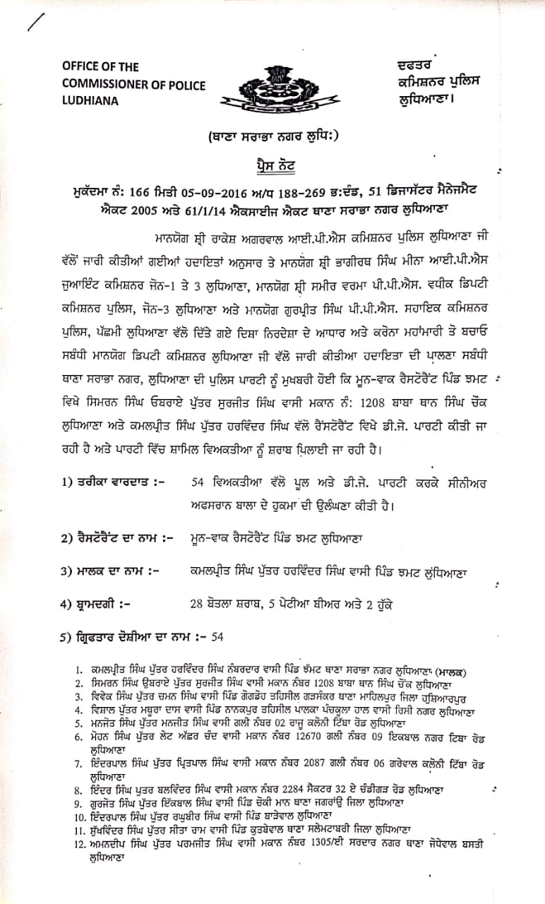 ਧਿਆਣਾ ਦੇ ਹੋਟਲ 'ਚ ਚੱਲ ਰਹੀ ਰਹੀ ਅਮੀਰਜ਼ਾਦਿਆਂ ਦੀ ਪਾਰਟੀ 'ਚ ਪੁਲਿਸ ਵੱਲੋਂ ਛਾਪੇਮਾਰੀ, 54 ਗ੍ਰਿਫ਼ਤਾਰ