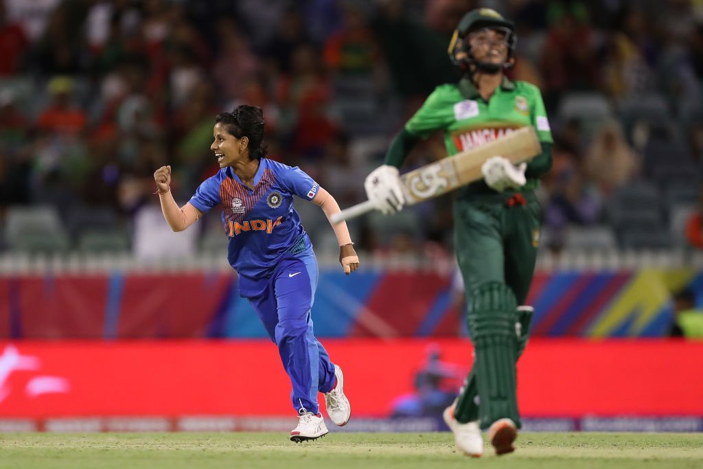 Poonam Yadav celebrates after dismissing a Bangladesh batter in the ICC Women's T20 World Cup.