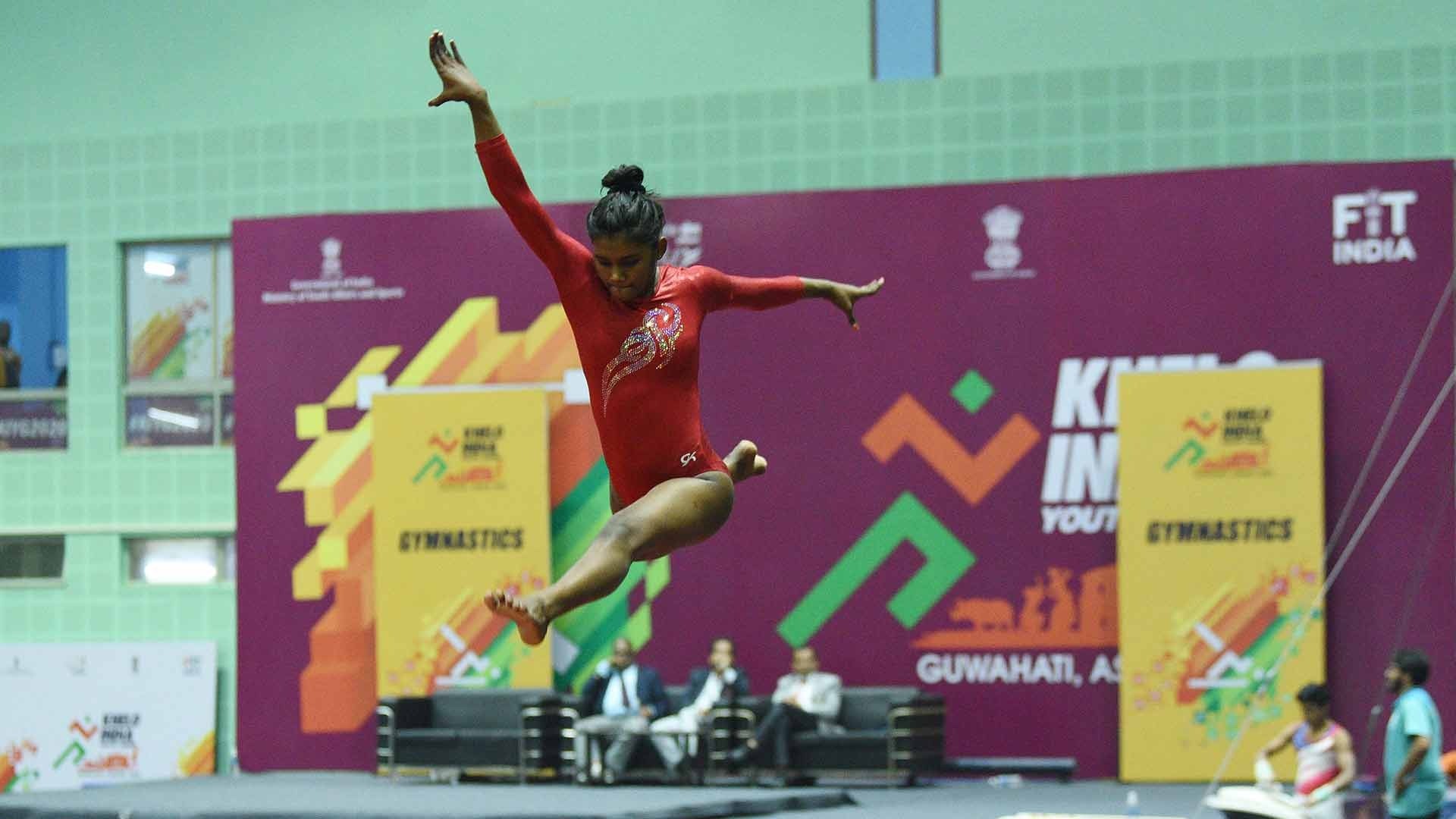 Tripura's Priyanka Dasgupta during a gymnastic event.