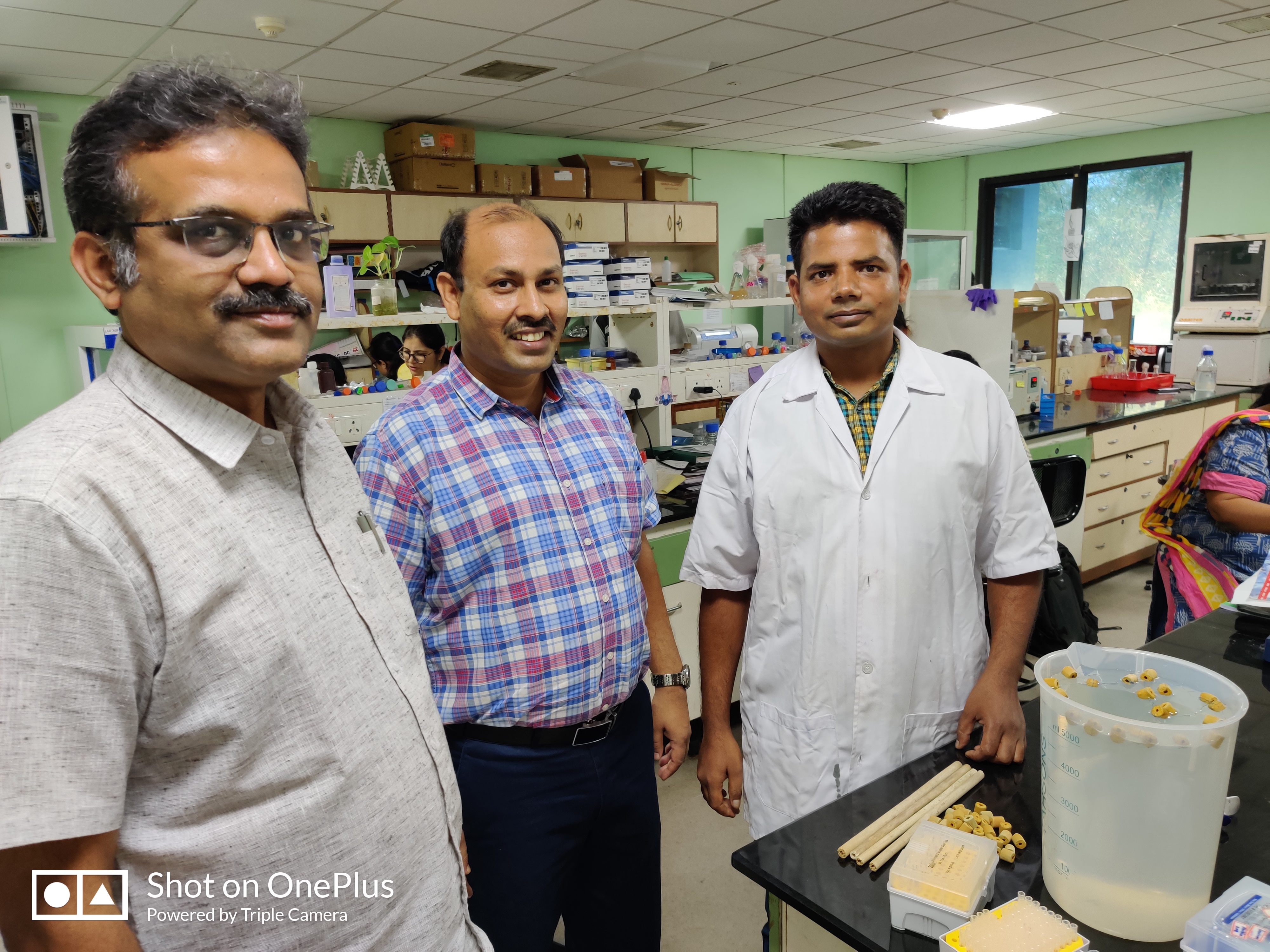 Left to right - Prof. Sathyanarayana N. Gummadi, Department of Biotechnology, IIT Madras; Prof. Dillip Kumar Chand, Department of Chemistry, IIT Madras; Mr. Randhir Rai, Senior Research Fellow, Department of Chemistry, IIT Madras, at the Applied and Industrial Microbiology Laboratory, IIT Madras