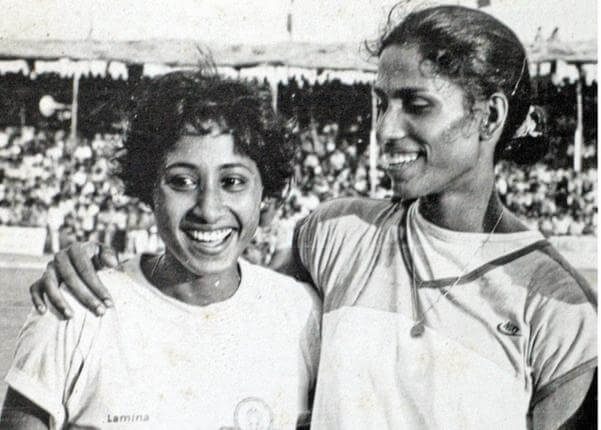 Ashwini Nachappa and legendary PT Usha share the frame during an athletic meet in 1991 after the former outran the latter.