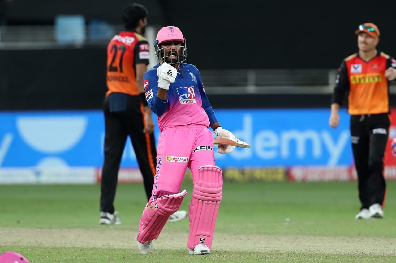 Rahul Tewatia celebrates after winning Saturday's encounter against Sunrisers Hyderabad.