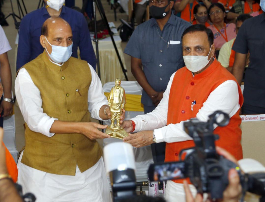 Defence Minister Rajnath Singh along with Gujarat Chief Minister Vijay Rupani