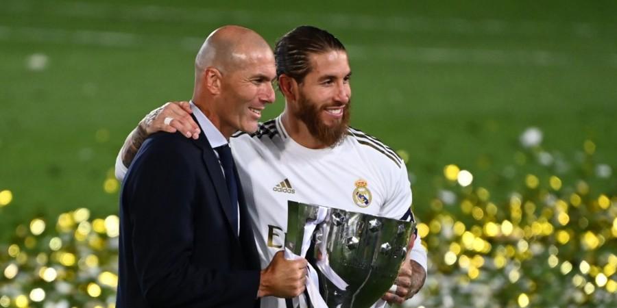 Zinedine Zidane with Sergio Ramos after winning Real Madrid's 34th La Liga title.