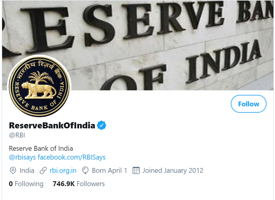 With 7.45 lakh followers, RBI most popular among central banks on Twitter