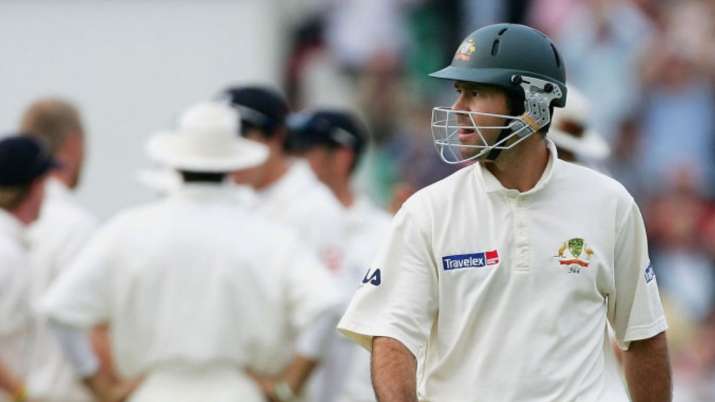 Ricky Ponting is looking at the screen after being dismissed by Andrew Flintoff.