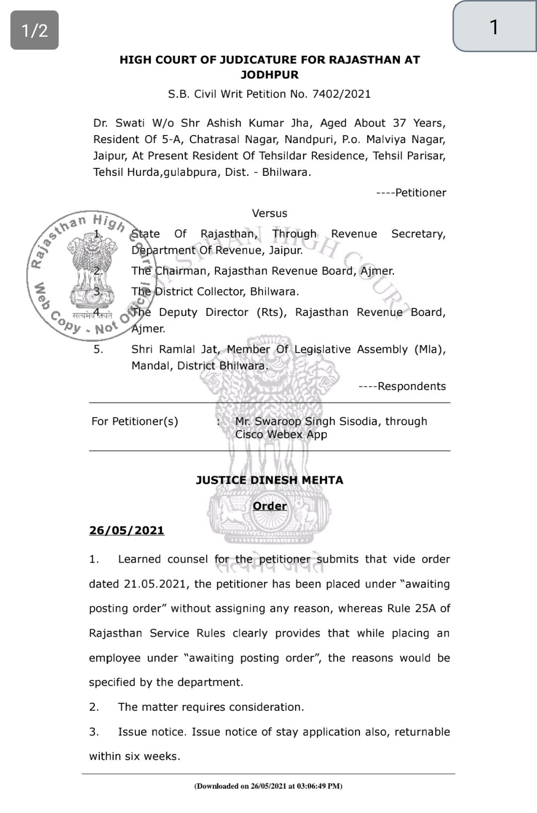 ajasthan High Court order, APO Tehsildar Swati Jha