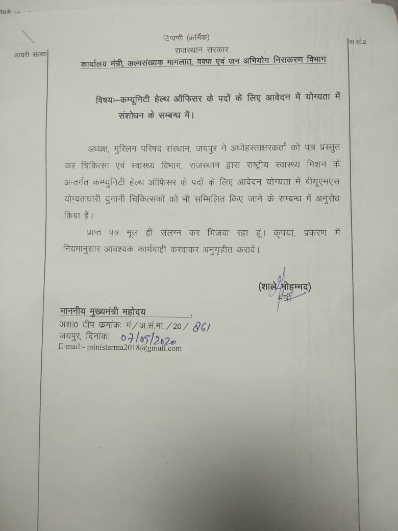 Rajasthan: Minority Minister wrote a letter to the Chief Minister