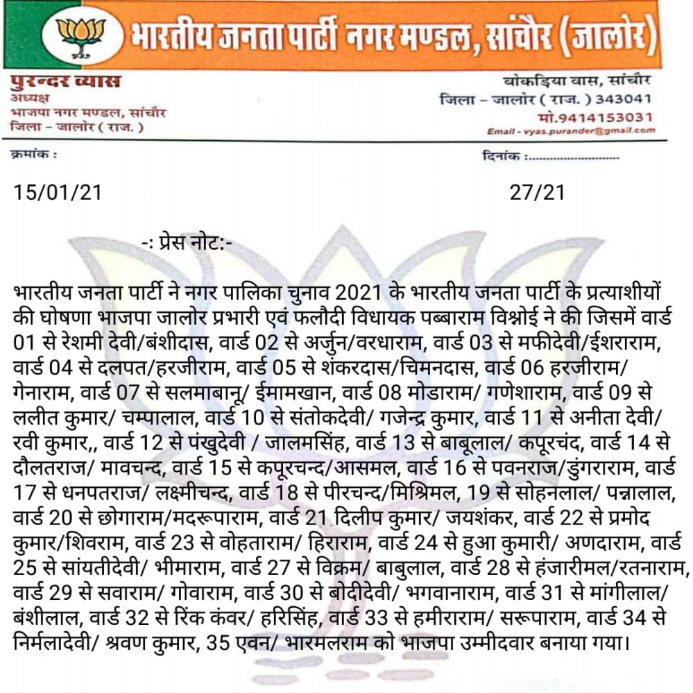 Jalore News , sanchore municipality election,  भाजपा की सूची, भाजपा प्रत्याशी