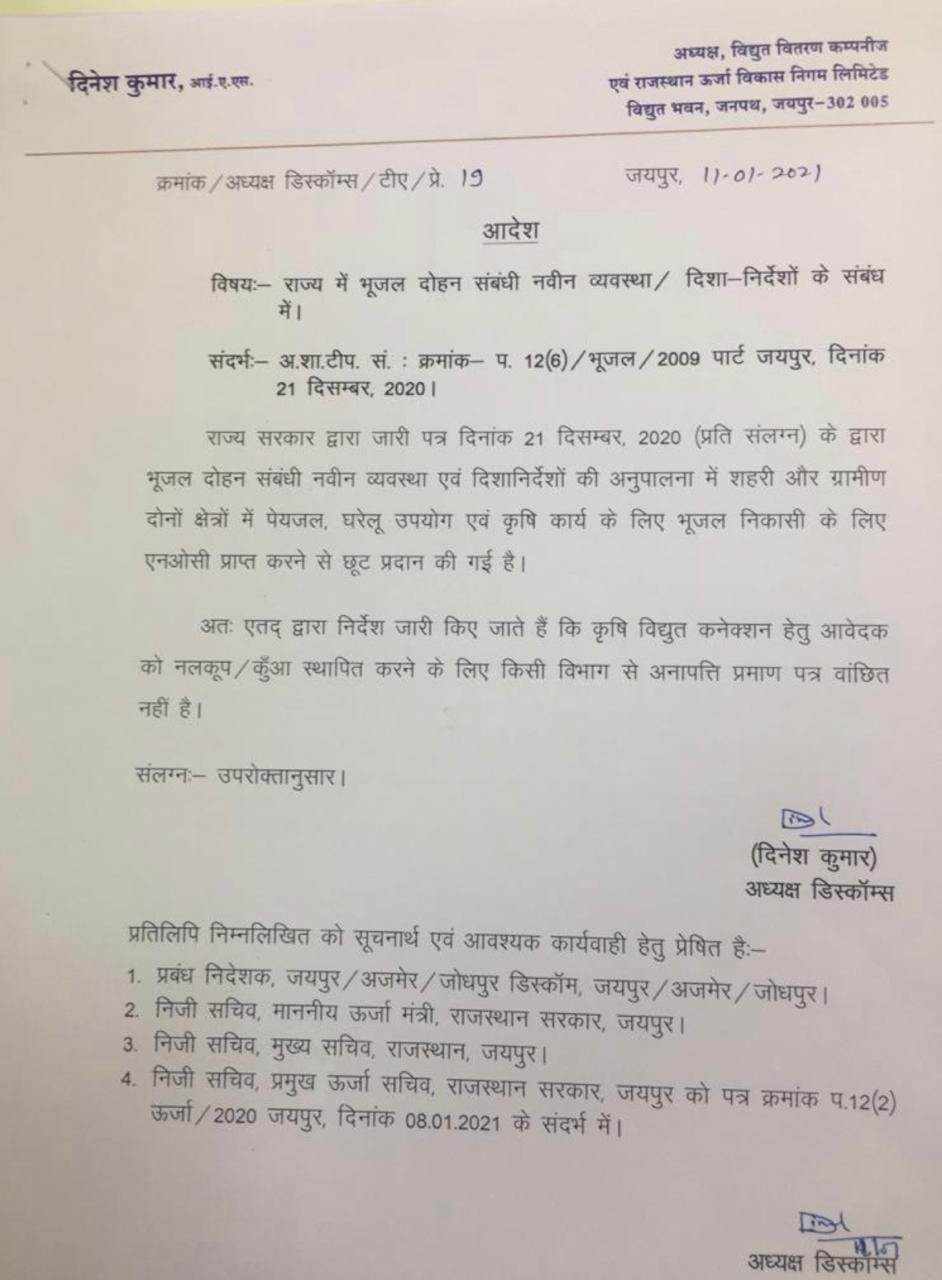 ट्यूबवेल खोदने पर पाबंदी हटी,  जयपुर डिस्कॉम ने दी छूट,  Jaipur Discom gives relaxation on ban on digging tubewells,  Rajasthan Drinking Water, Home Use Tubewell