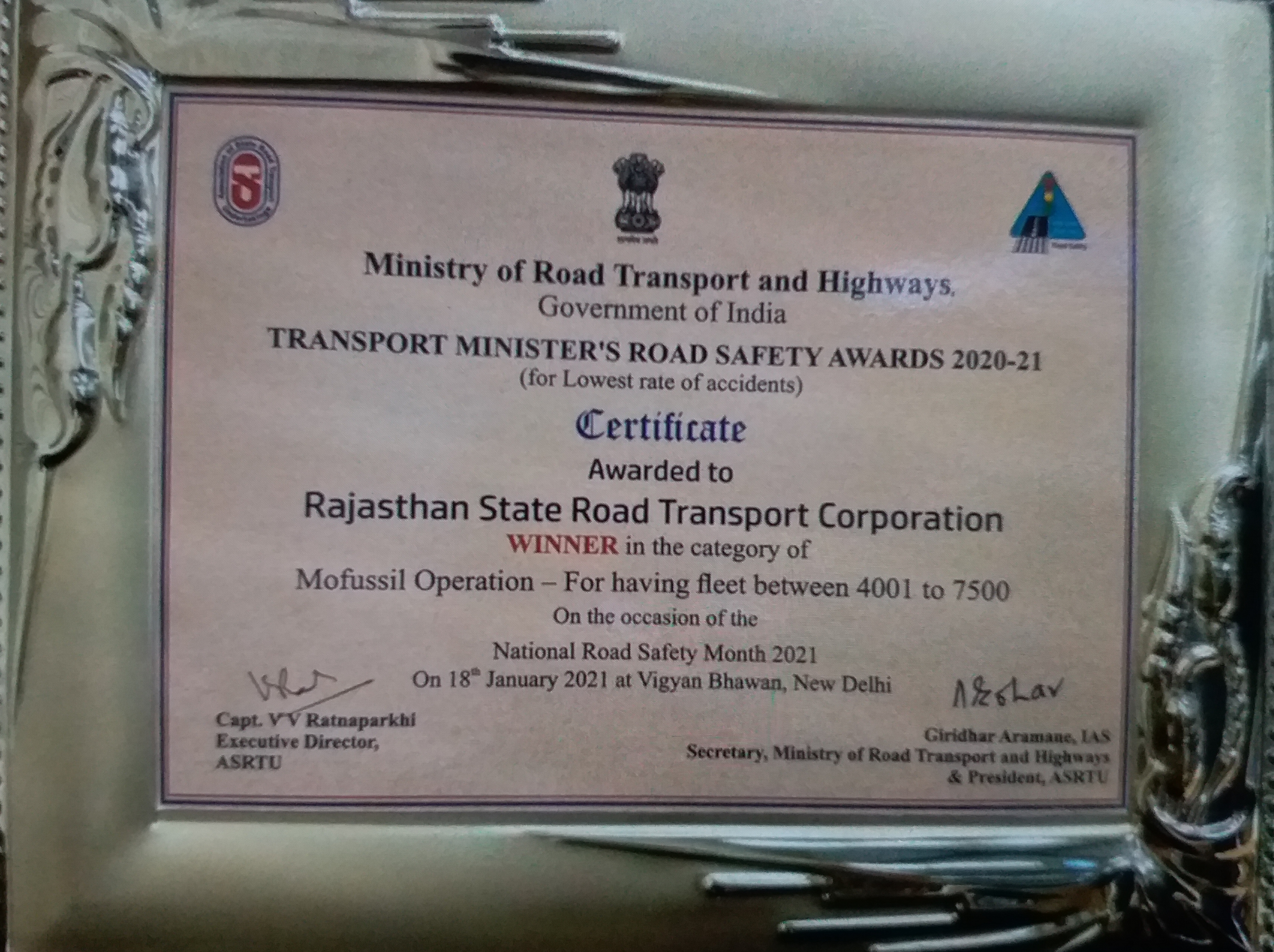Rajasthan Roadways received Road Safety Award,  Rajasthan Roadways latest news