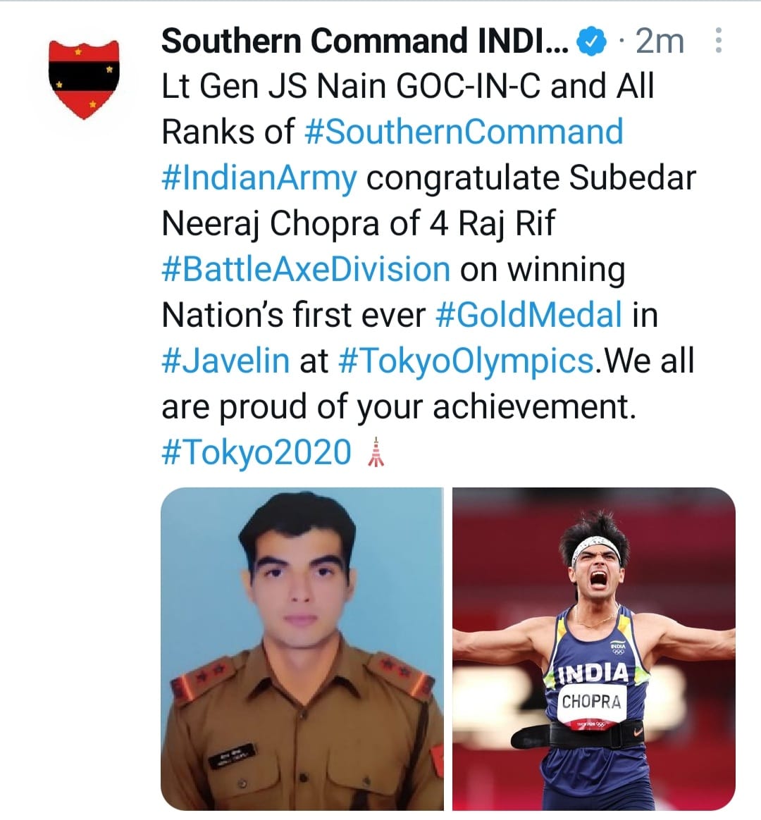 Southern command congratulated Subedar Neeraj