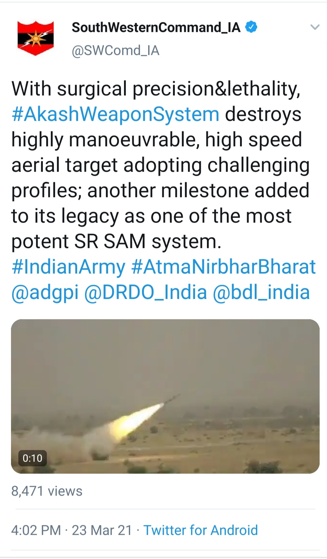 Akash-NG system missile fired from Pokhran field firing range