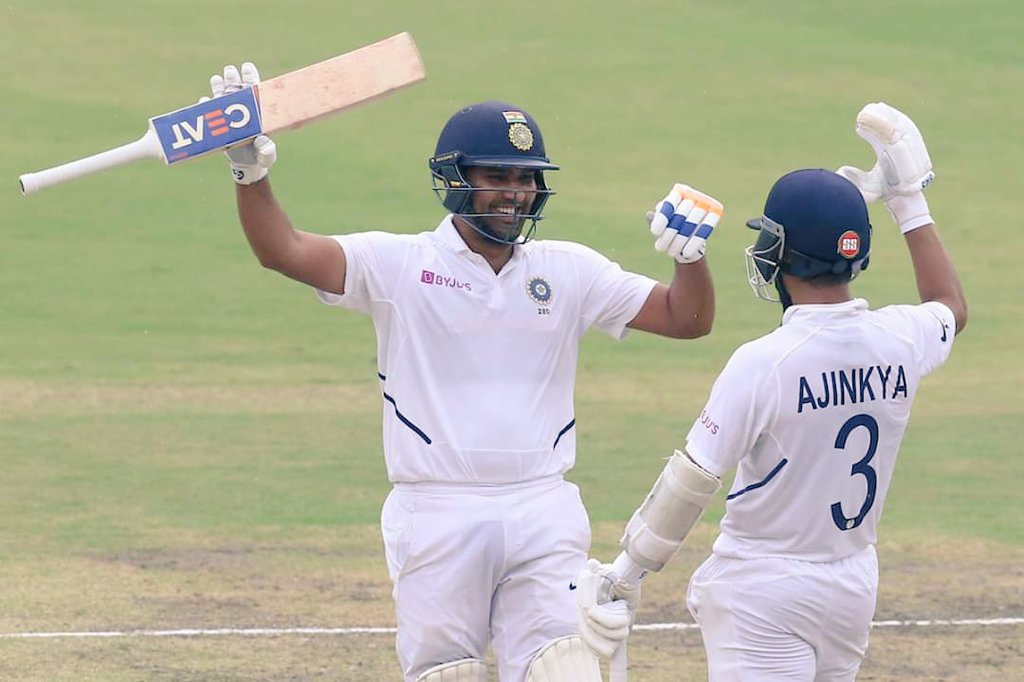 Rohit Sharma and Ajinkya Rahane celebrate the former's ton in Ranchi Test.