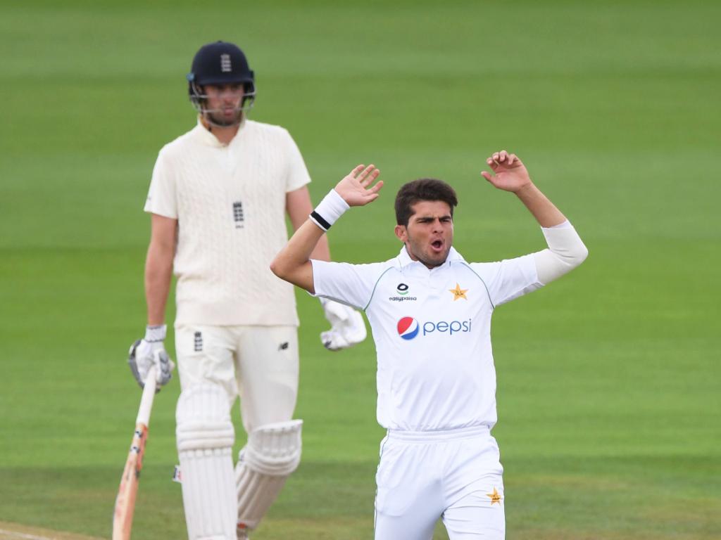 Shaheen Afridi takes the wicket of Rory Burns.