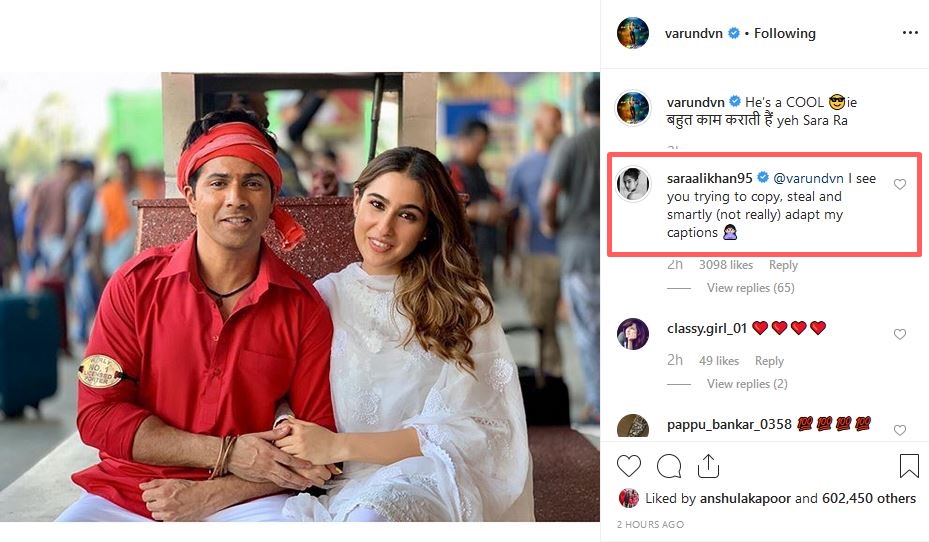 Sara Ali Khan calls out Varun Dhawan for trying to 'steal' her caption