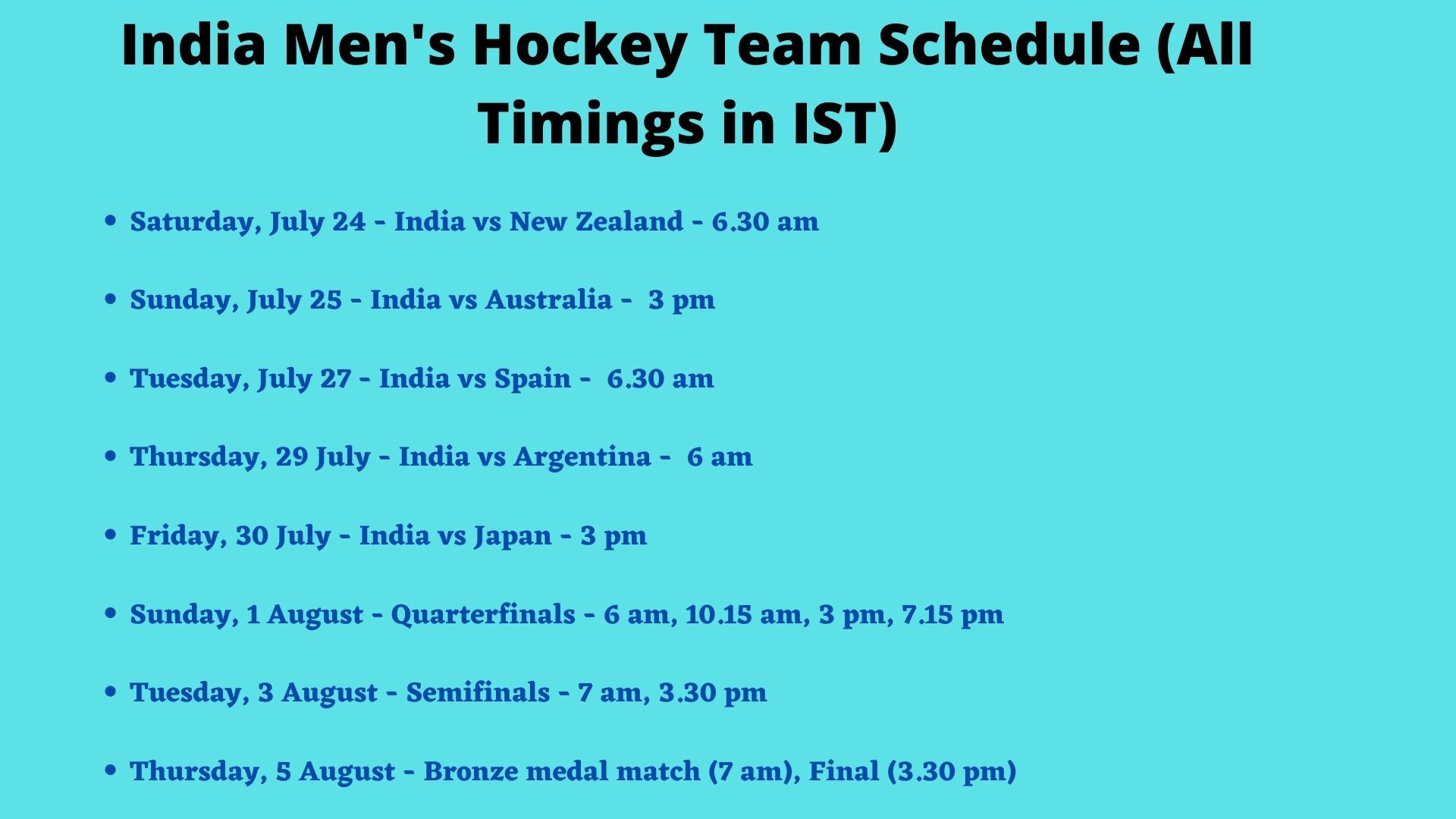 India men's team Olympic Games schedule