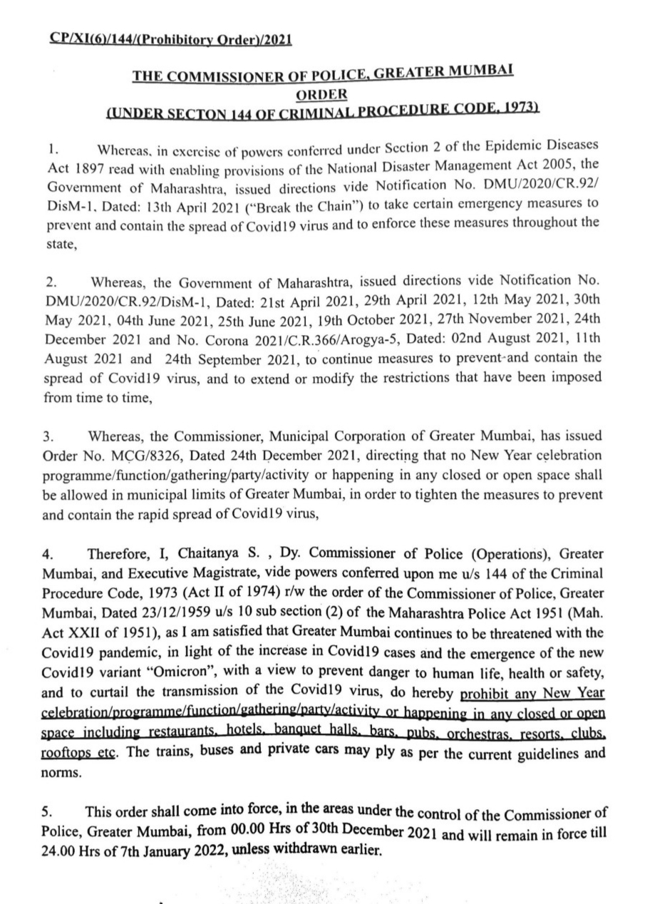 Section 144 enforced till January 7 in Mumbai, Mumbai Police orders in view of increasing number of patients