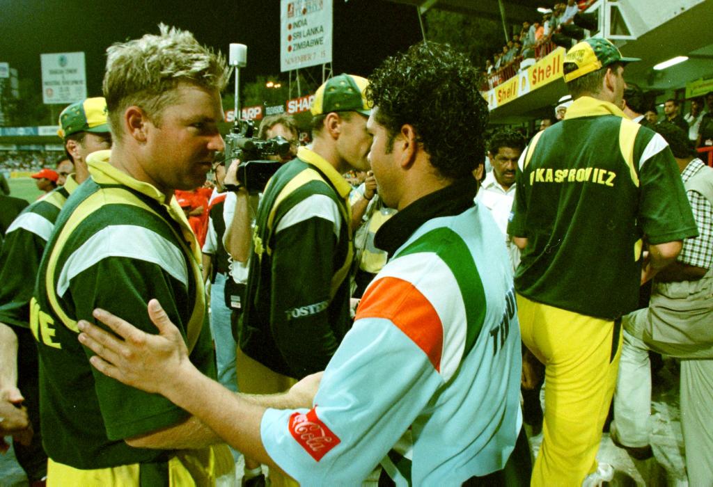 Sachin Tendulkar and Shane Warne greet each other at the end of the match.