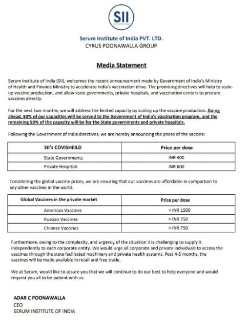 SII increased prices of the Covishield vaccine  for state govt & private hospitals