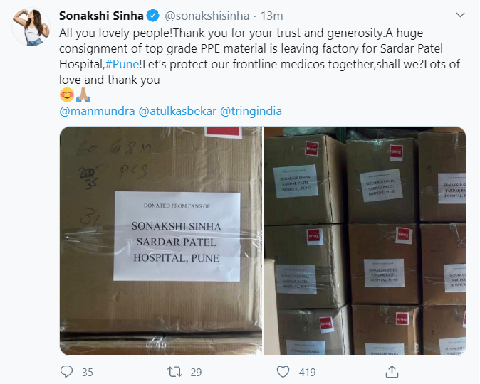 Sonakshi Sinha released fresh PPE kit donated by fans