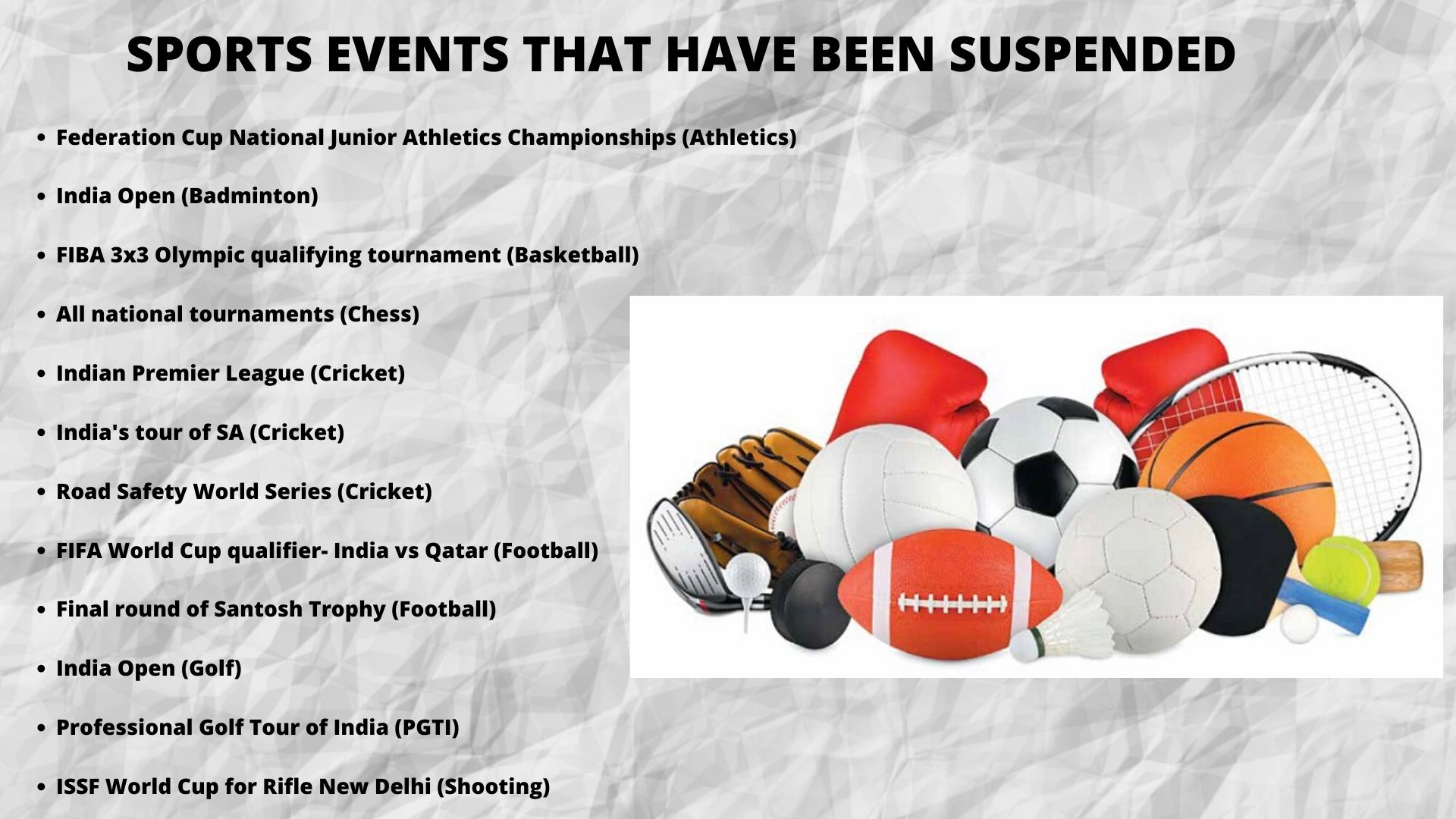 List of sports events come to standstill in India