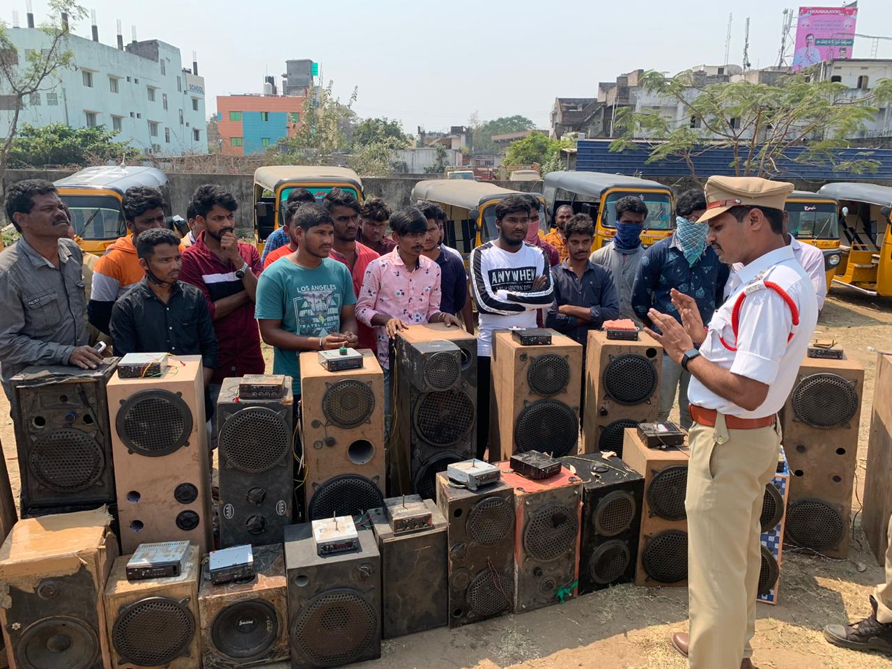 Sound system boxes seized in autos  by traffic police in bhadrachalam in bhadradri kothagudem district