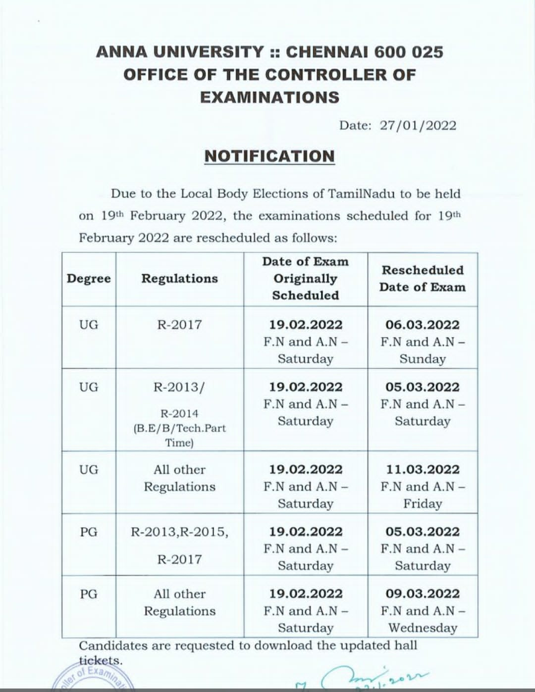 அண்ணா பல்கலைக்கழக தேர்வு தேதி மாற்றம்