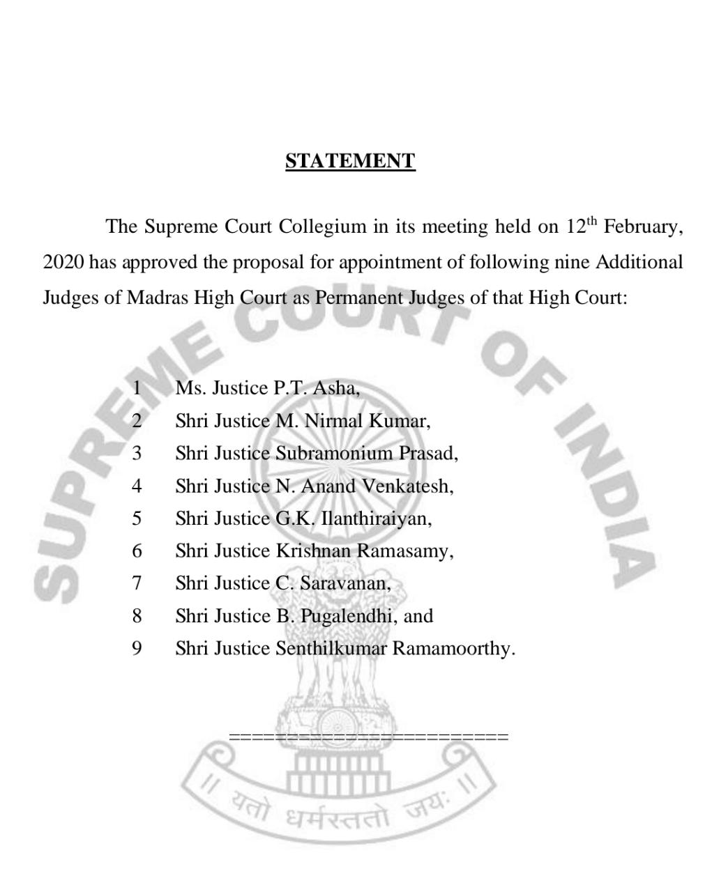 9 Madras highcourt judges conform as a permanent judges, SC collegium recommendation