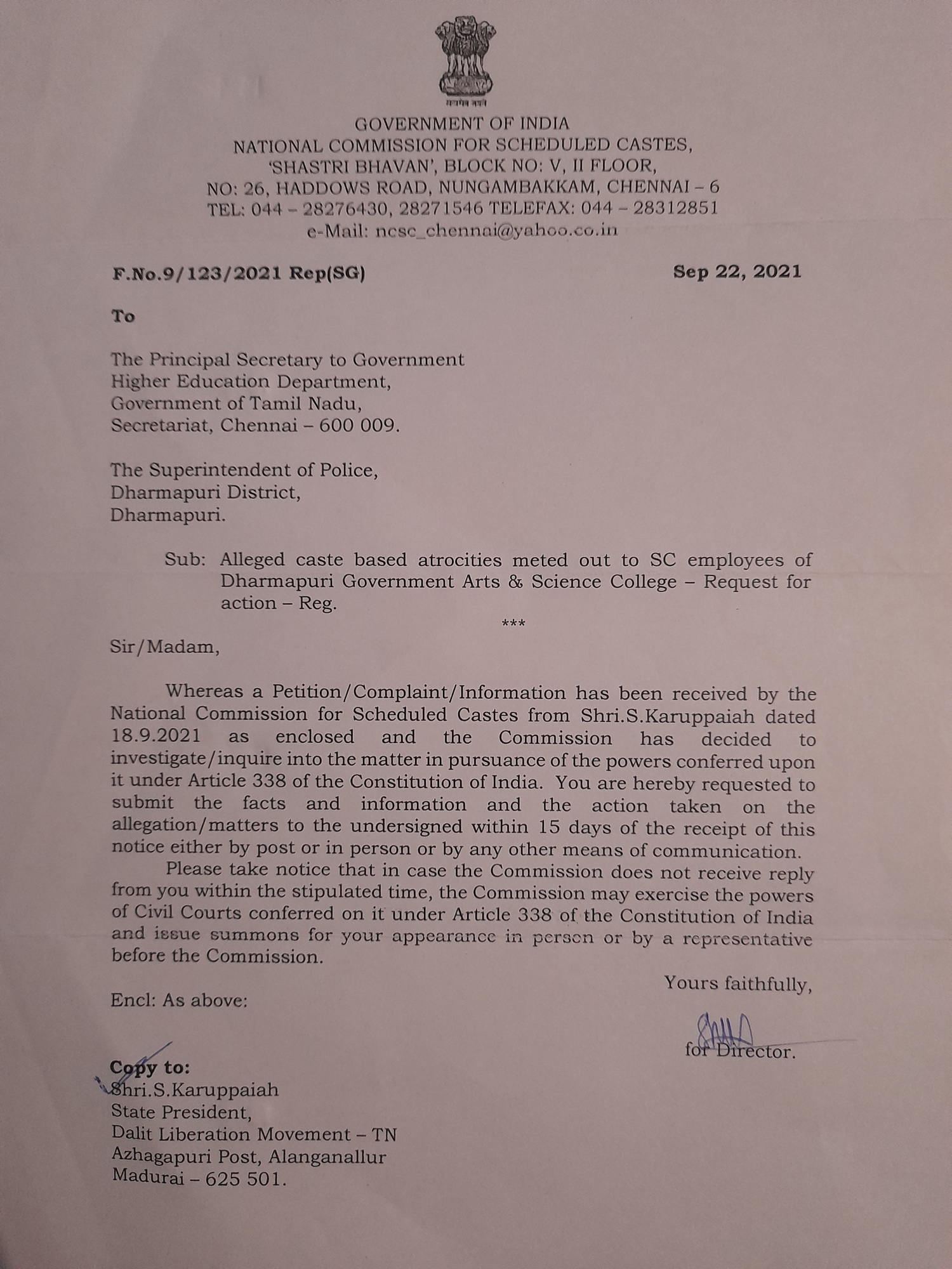 director of college education  Dharmapuri Government Arts College  Dalit Liberation Movement  state president of the Dalit Liberation Movement  letter to director of college education  cast issue  cast issue in Dharmapuri Government Arts College  dharmapuri news  dharmapuri latest news  தர்மபுரி செய்திகள்  தர்மபுரி அரசு கலைக் கல்லூரி  சாதி பிரச்சிணை  கல்லூரியில் சாதி பிரச்சிணை  தலித் விடுதலை இயக்கம்  கல்லூரி கல்வி இயக்குநருக்கு கடிதம்  கடிதம்